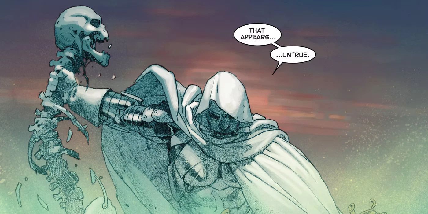 Doom holding Thanos' skeleton in Marvel Comics