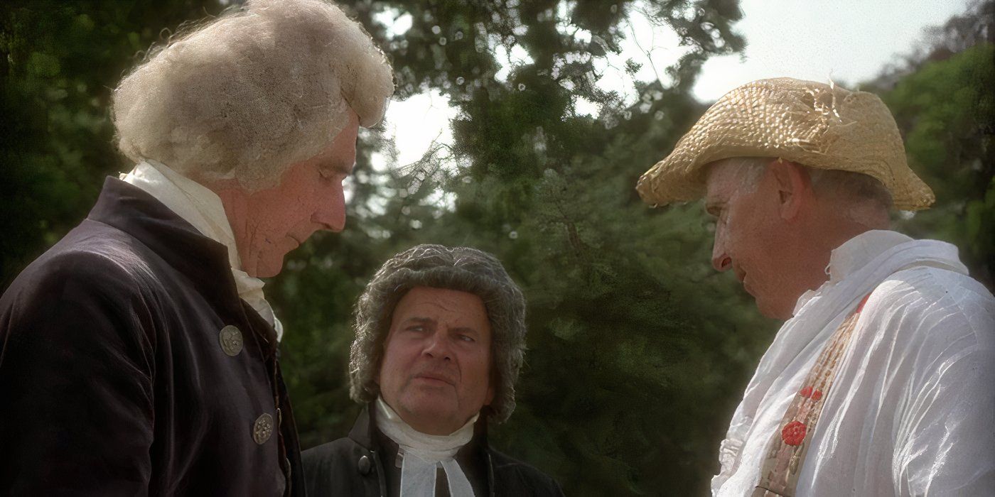 Dr. Francis Willis (Ian Holm), Rei George III (Nigel Hawthorne) e Lord Chanceler Lord Thurlow (John Wood) falando juntos em A Loucura do Rei George.