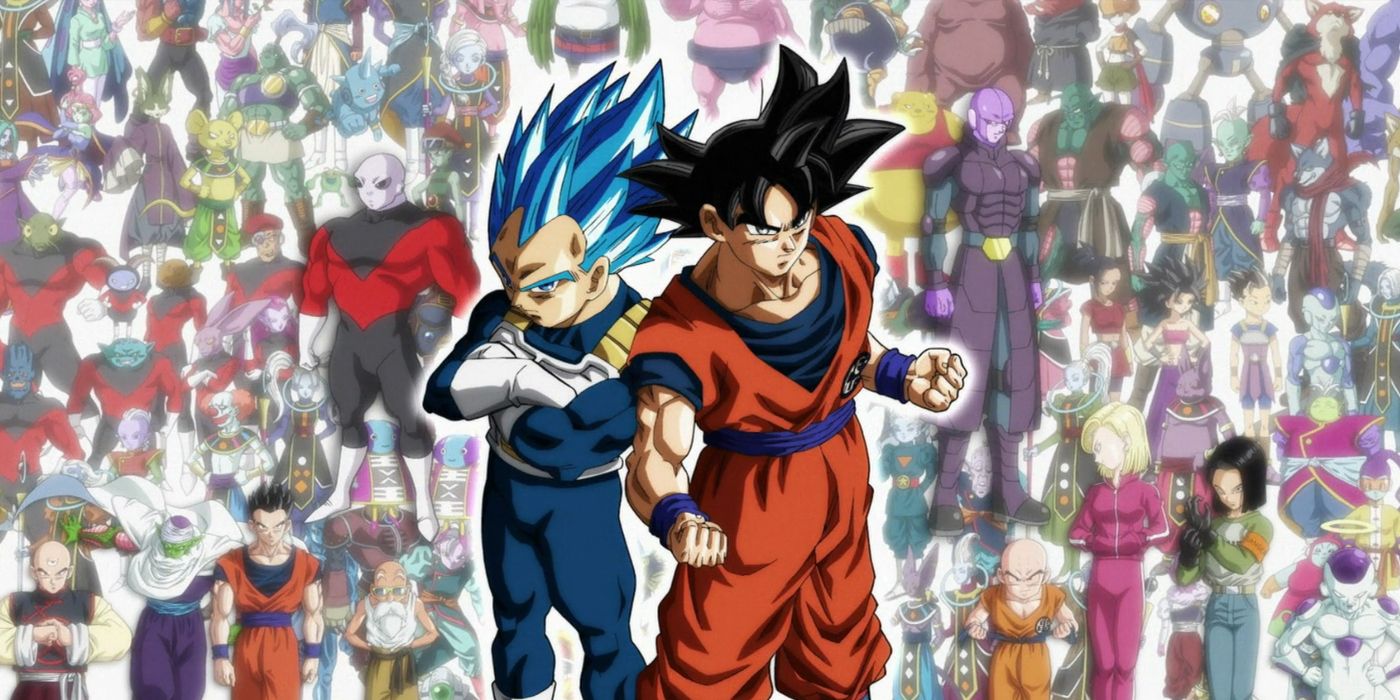 Goku e Vegeta posam na frente de outros personagens no quadro final de Dragon Ball Super.