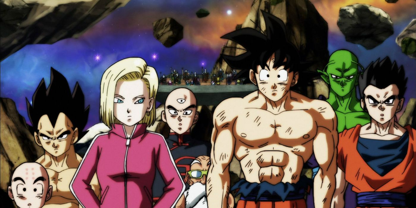 the Universe 7 team, consisting of Krillin, Vegeta, Android 18, Tien, Roshi, Goku, Piccolo and Gohan.