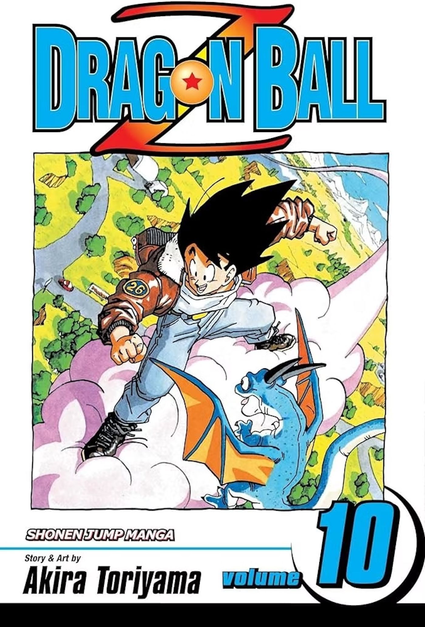 Capa do volume 10 de Dragon Ball Z: Goku voa sobre uma paisagem campestre.