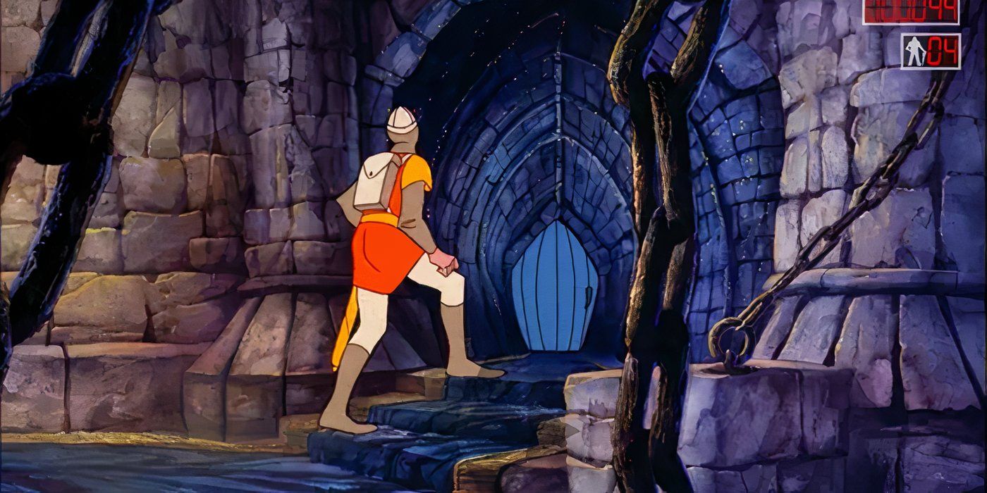 Dirk sobe escadas ao entrar no castelo em Dragon's Lair