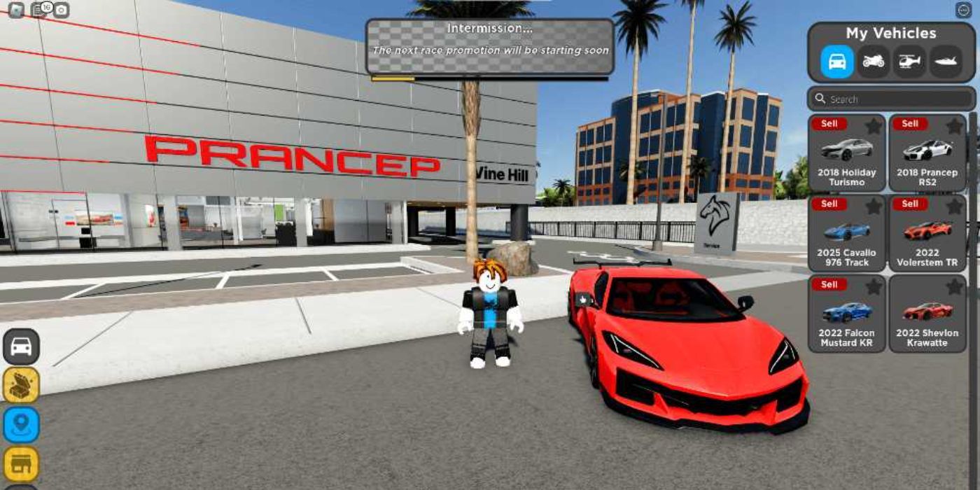 Jogador com seu carro em Driving Empire no Roblox.