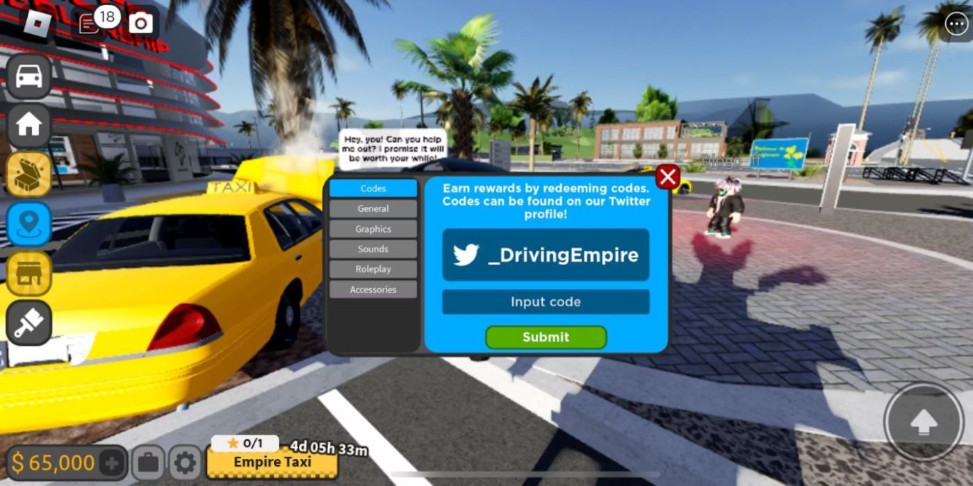 Código de resgate do jogador no Driving Empire no Roblox.