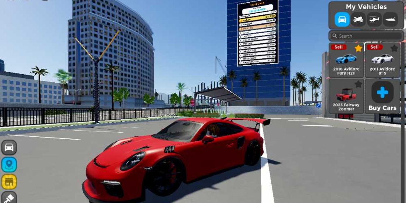 Jogador usando seu carro em Driving Empire no Roblox.