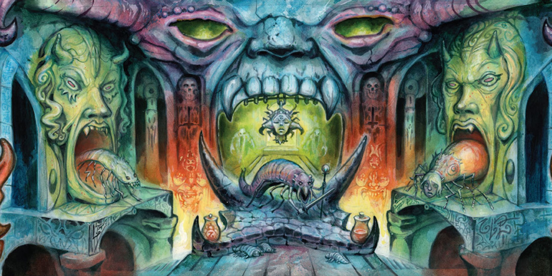 Arte da tela do mestre do jogo em Dungeon Crawl Classics mostrando uma masmorra com criaturas semelhantes a insetos.