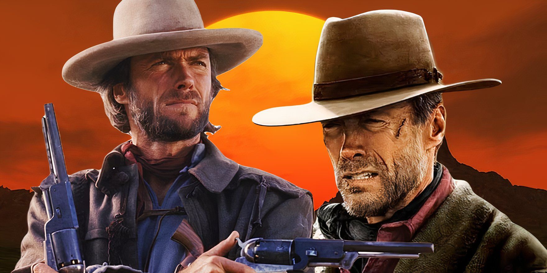 Clint Eastwood in The Outlaw Josey Wales and in Unforgiven in front of a sunset