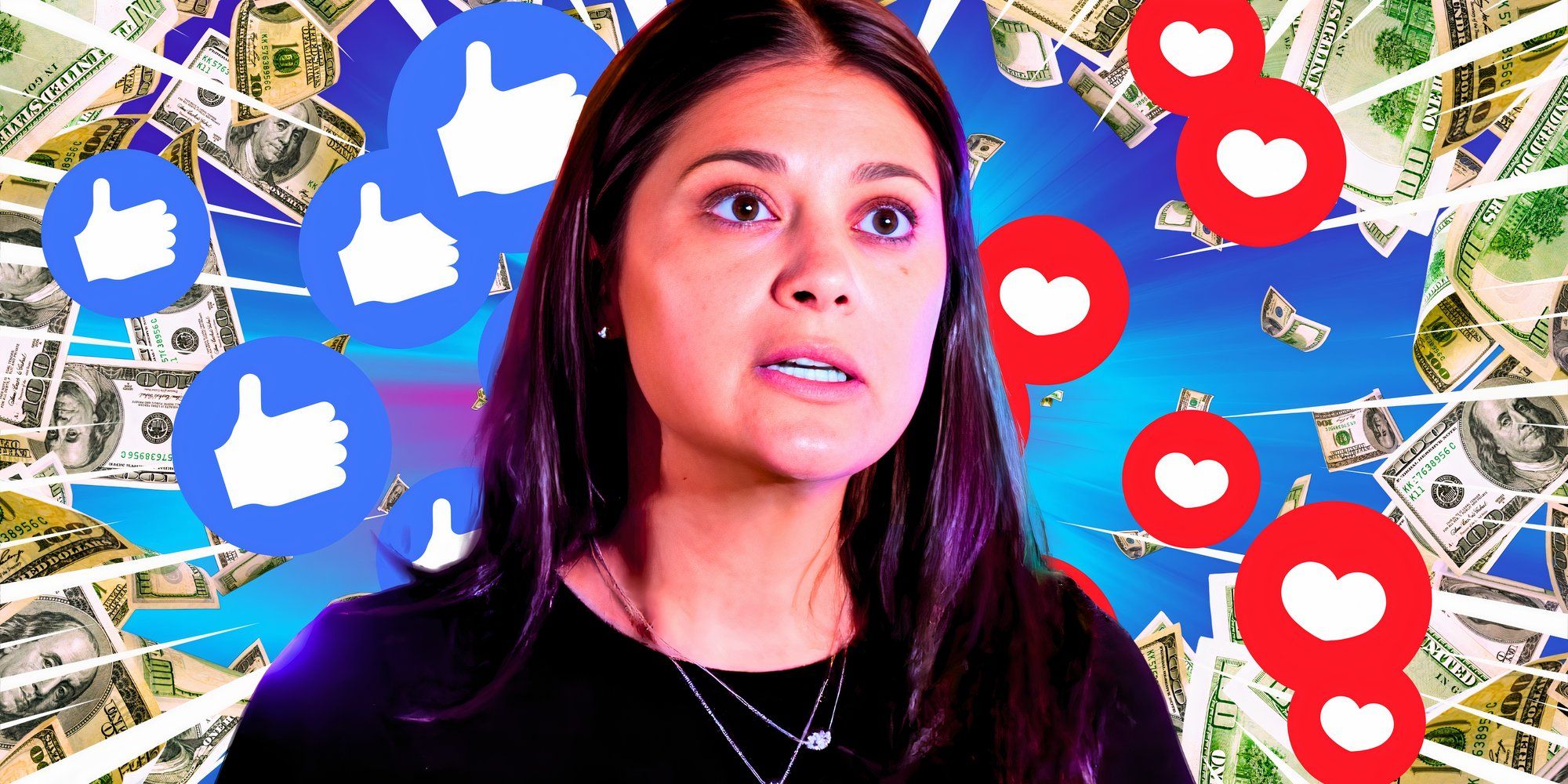 a montage of Loren with money in the background with social media stuff