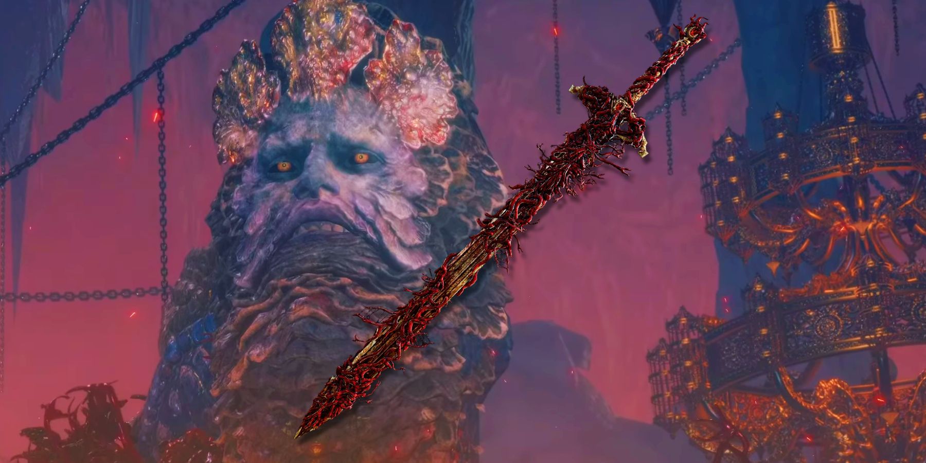 Rykard from Elden Ring behind a render of the Blasphemous Blade greatsword.