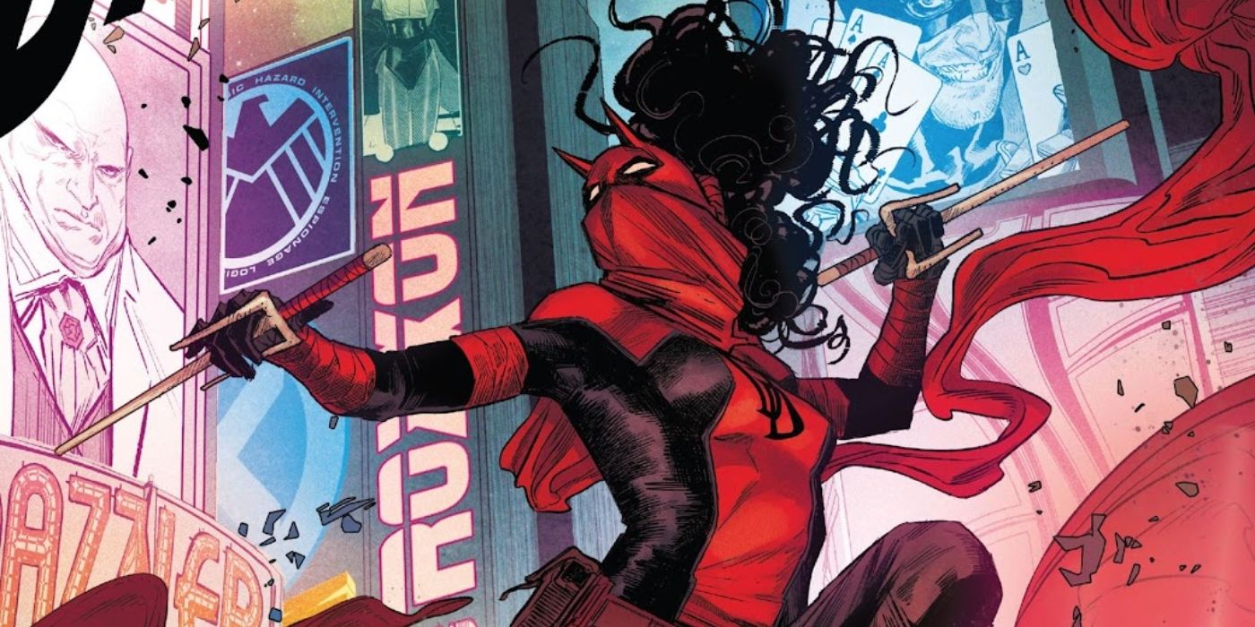 Comic book art: Elektra appears as Daredevil, the Woman Without Fear, in a Times Square-like setting.
