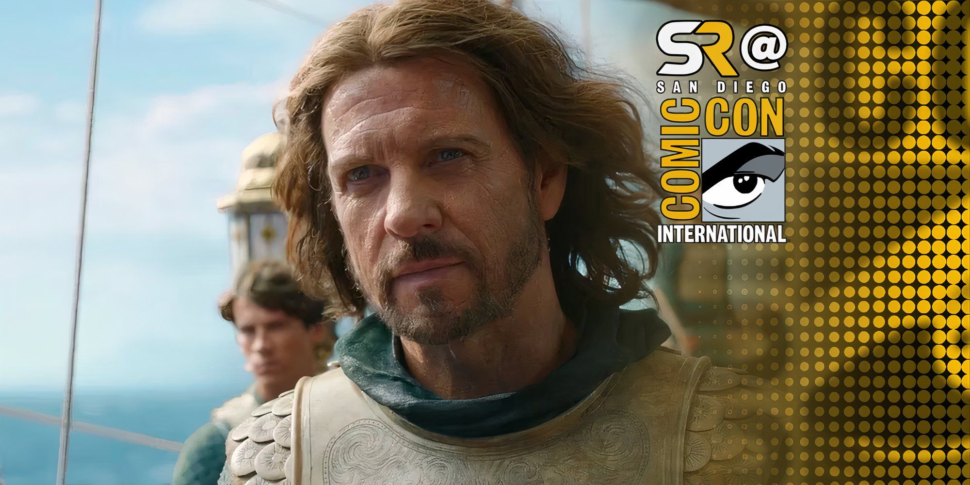 Elendil sailing in The Lord of the Rings The Rings of Power season 1 with SDCC overlay