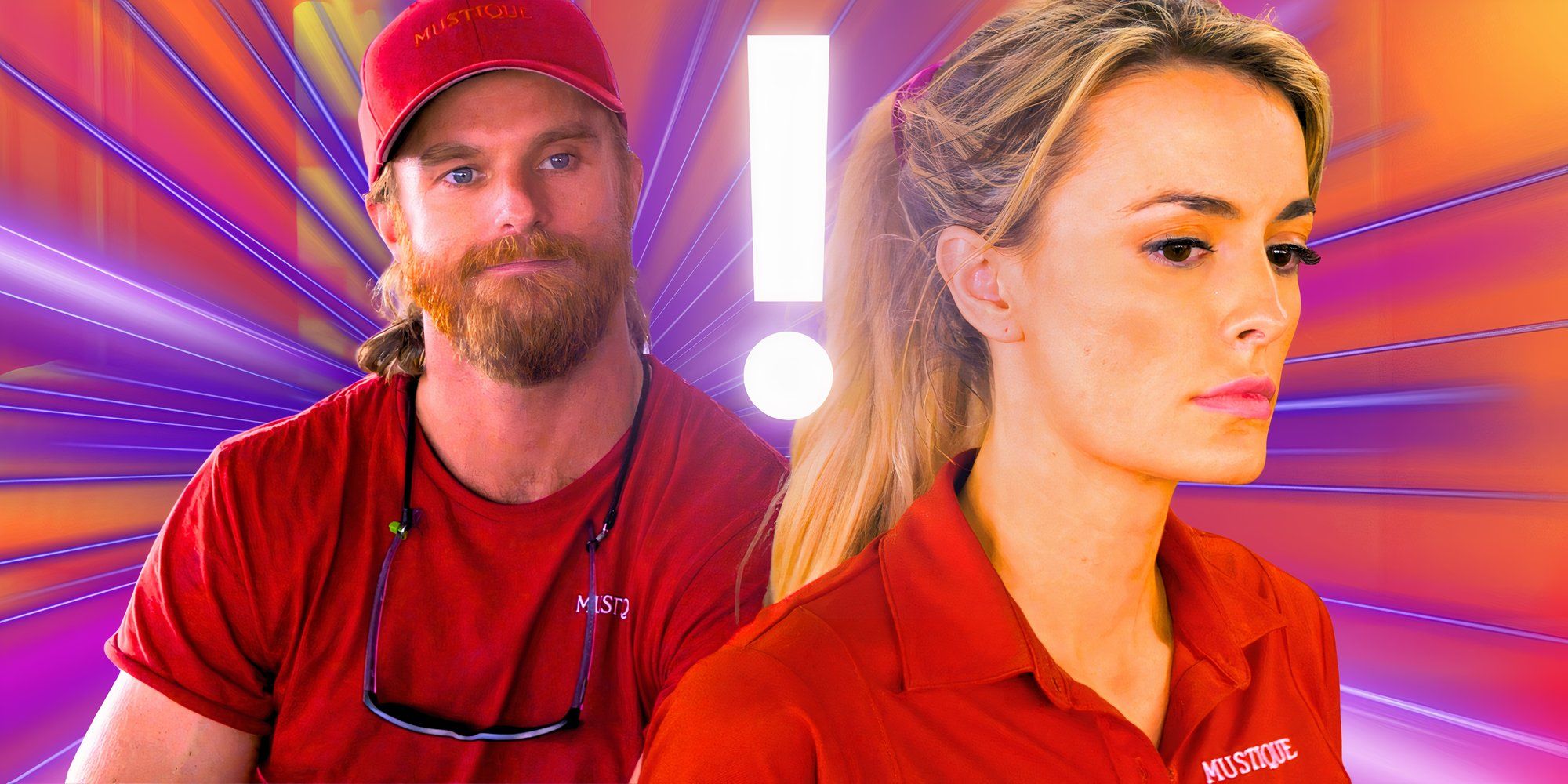 ellie and iain from below deck in montage with red shirts and colorful background