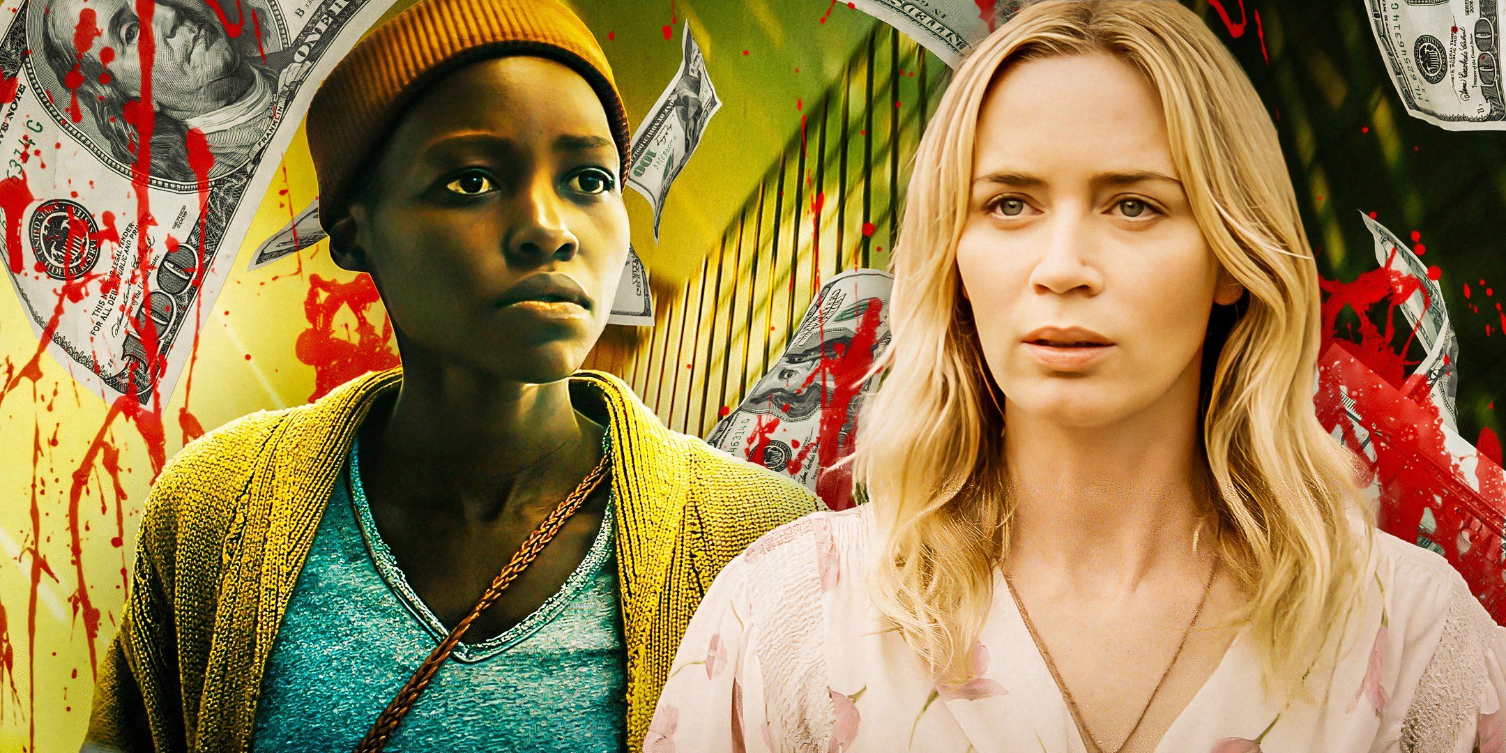 Lupita Nyong'o in “A Quiet Place: Day One” and Emily Blunt in “A Quiet Place Part II” with money behind them