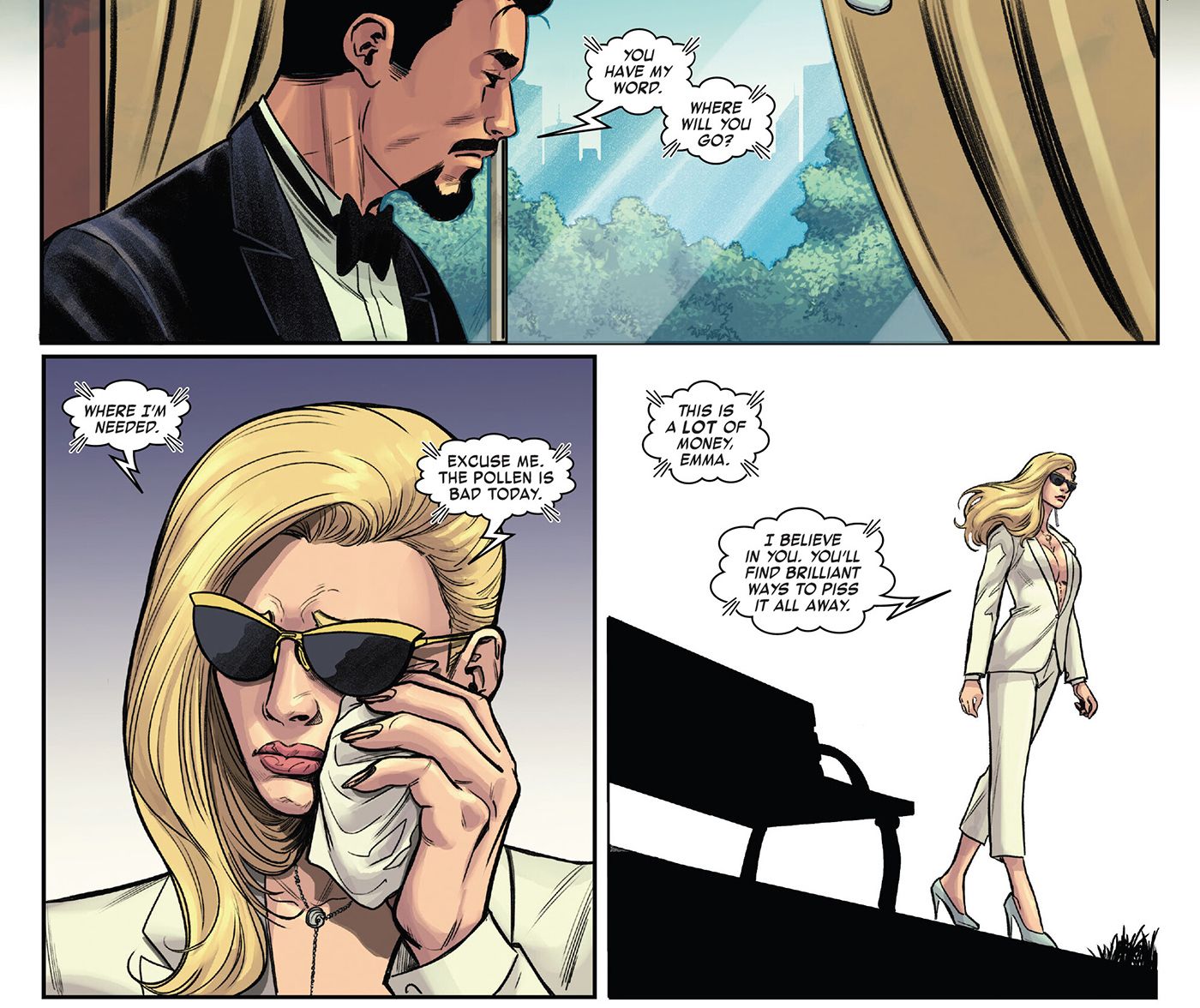 Emma Frost e Tony Stark se comunicam telepaticamente pela cidade enquanto terminam.