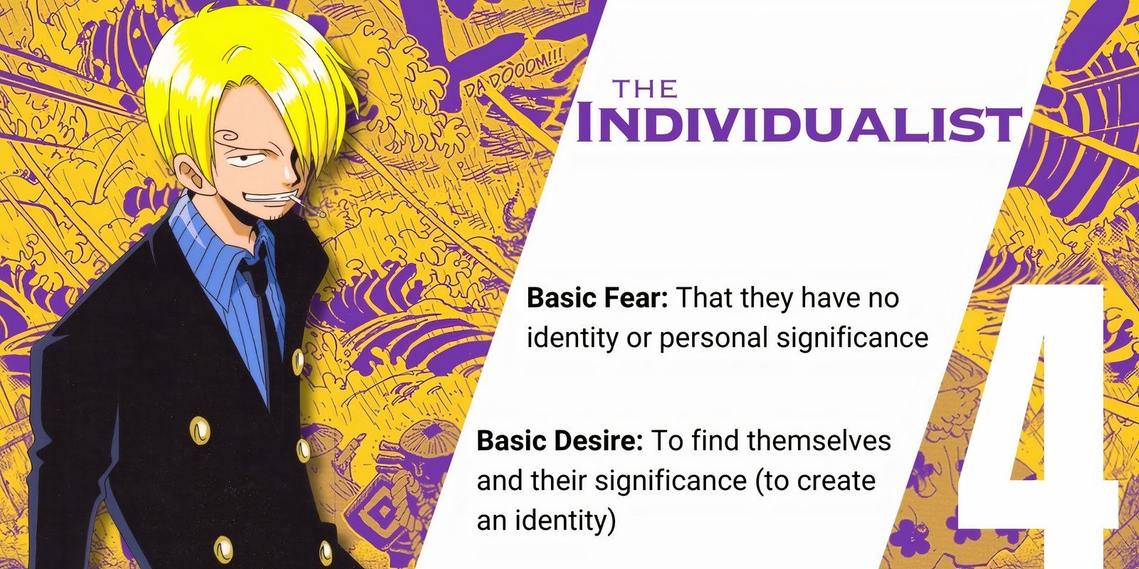 Enneagram 4, Sanji from One Piece, stands before a colorful backdrop that describes his enneagram type.