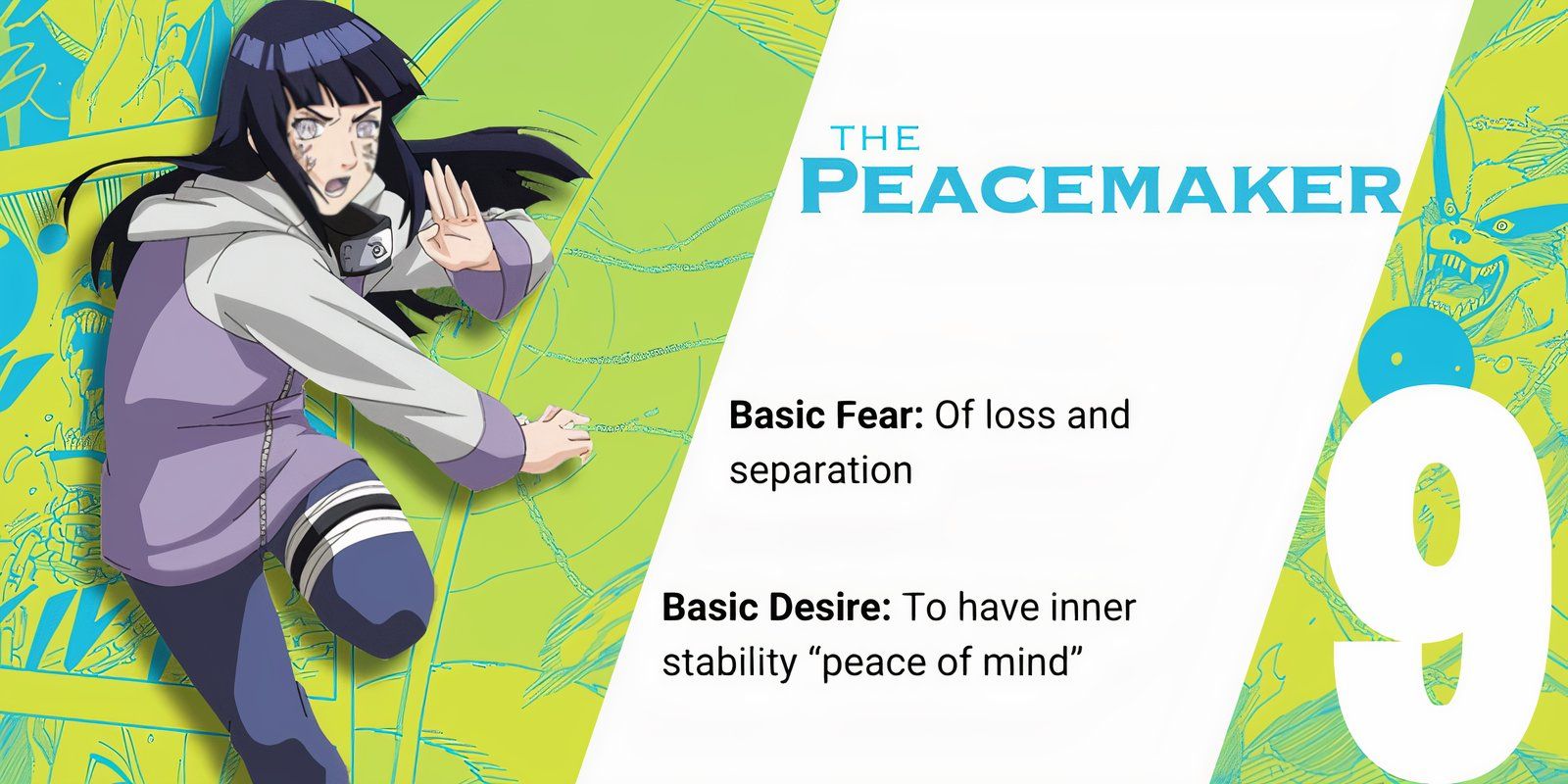 Enneagram 9 The Peacemaker, Hinata Hyuga in a battle pose in front of a colorful backdrop that describes her enneagram type.