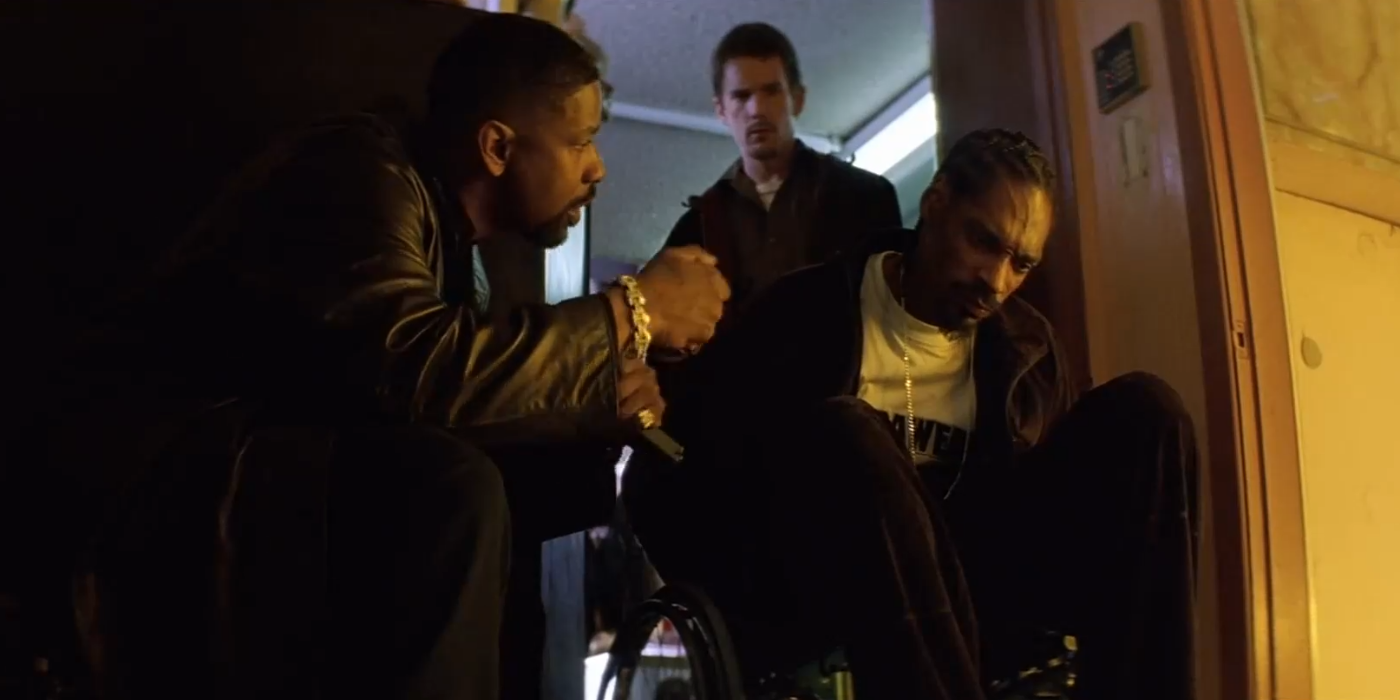 Ethan Hawke como Jake, Denzel Washington como Alonzo e Snoop Dogg como traficante em Training Day