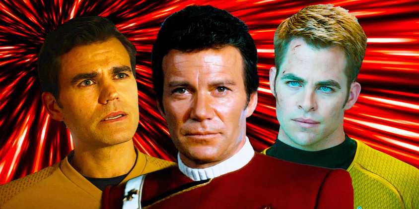 Paul Wesley. William Shatner. and Chris Pine as Captain Kirk in Star Trek
