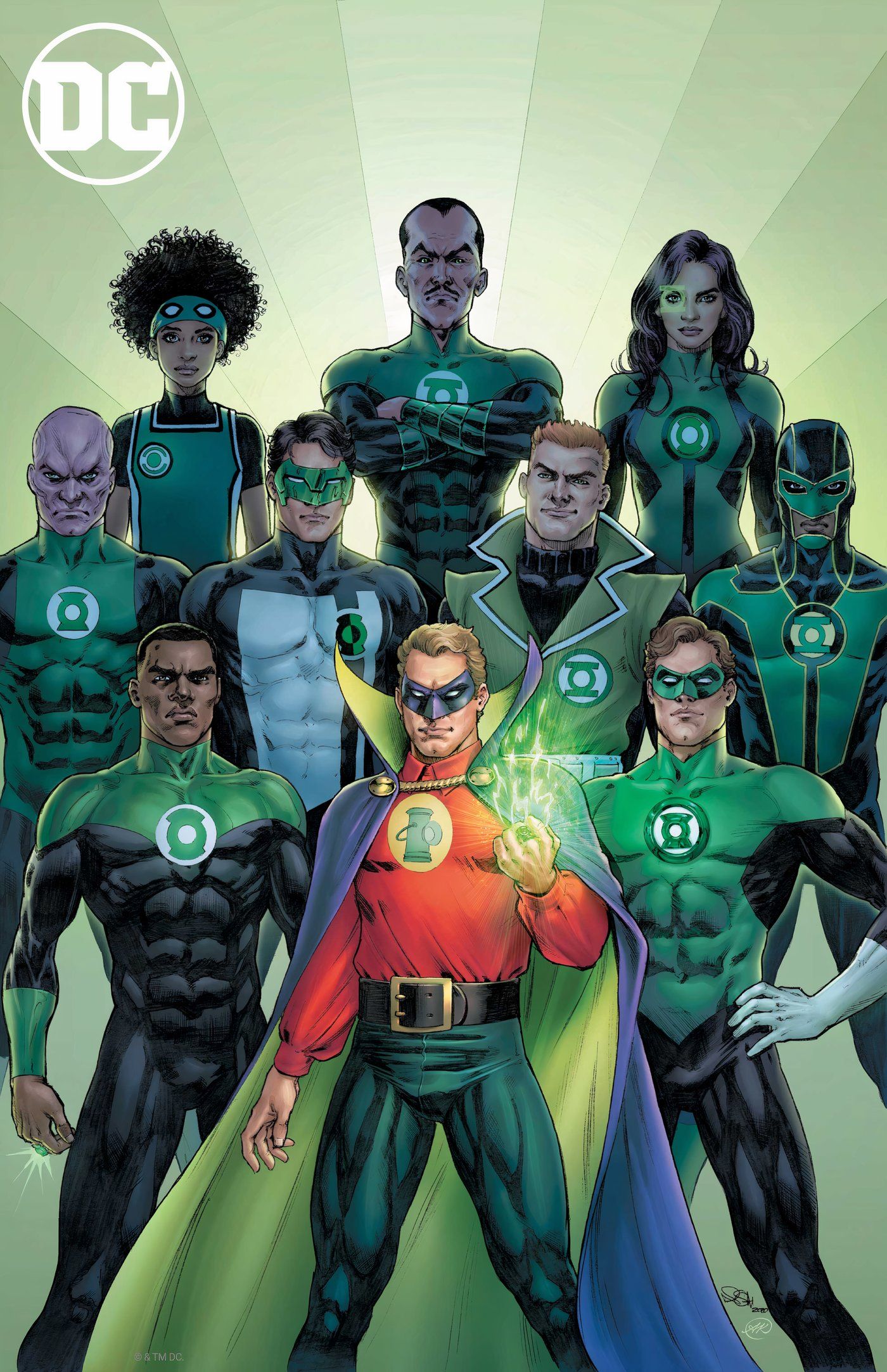 Green Lantern 15 Scott Variant Cover: Alan Scott stands before the other Green Lanterns, including Hal Jordan, John Stewart, and more.