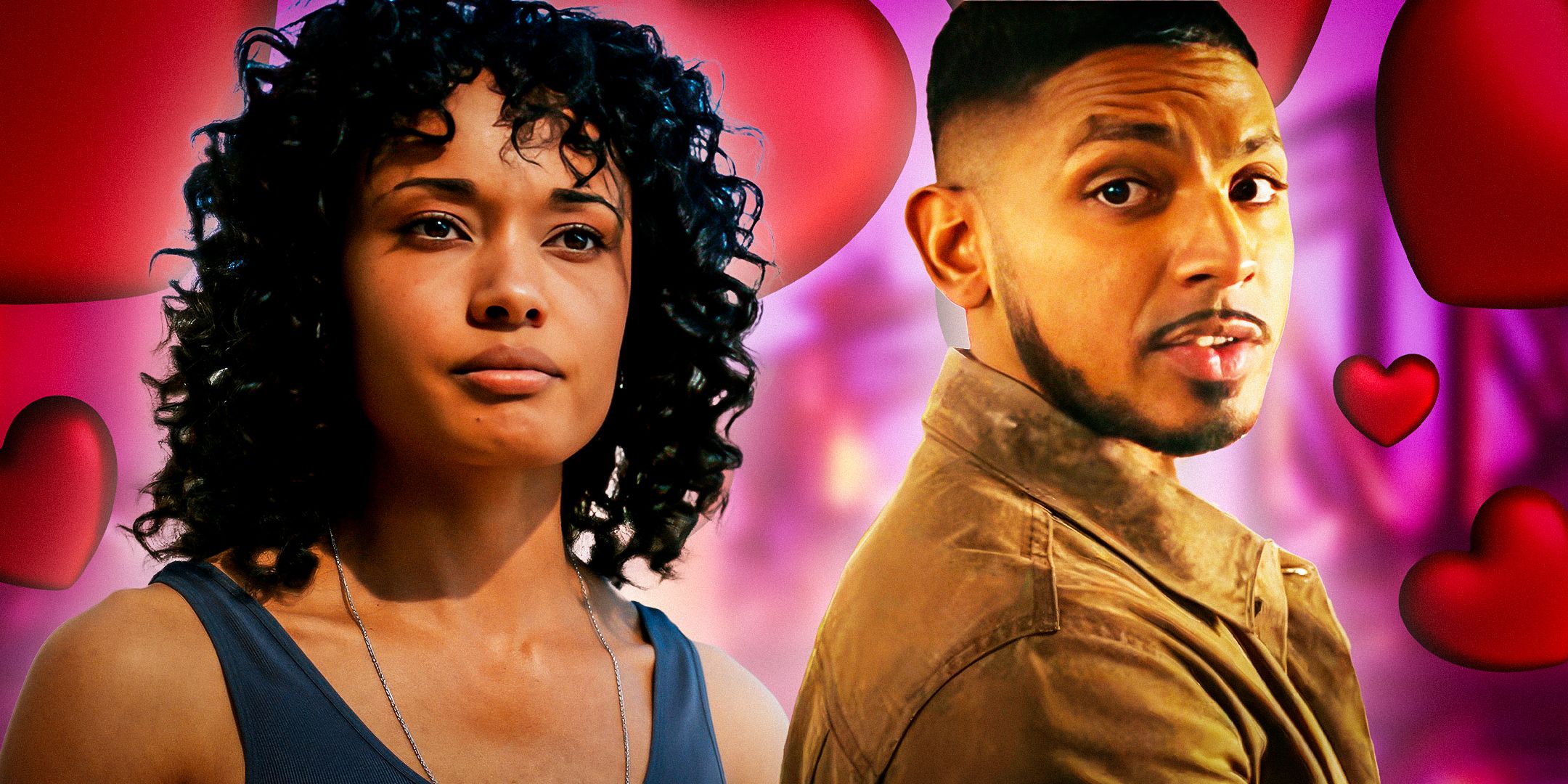A custom image of Michelle Mackey and DeShawn Jackson in NCIS: Sydney on a pink background with red hearts on it