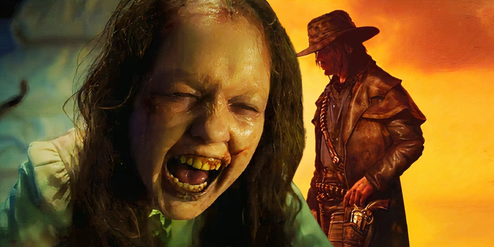 A possessed girl from The Exorcist Believer juxtaposed with the Gunslinger from The Dark Tower