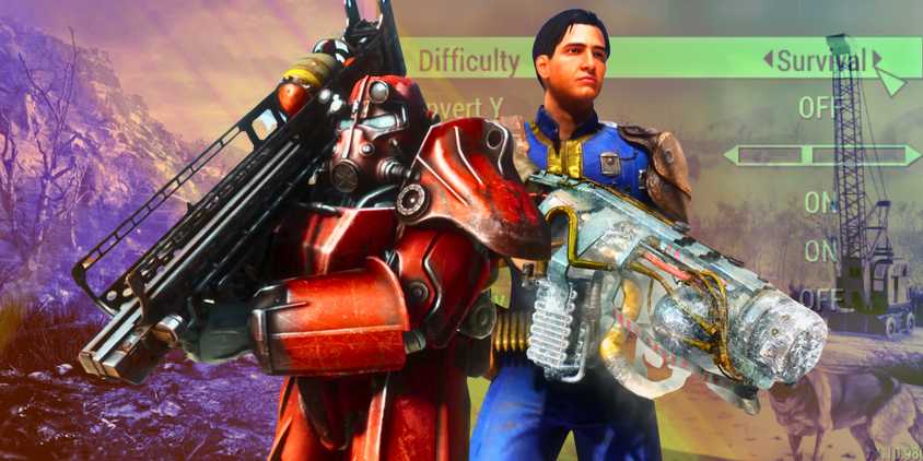 The Sole Survivor and a character wearing red Power Armor from Fallout in front of a menu showing Fallout 4's Survival Mode settings.