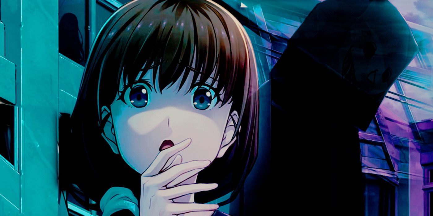A scared Ayumi alongside Emio&rsquo;s silhouette from Emio – The Smiling Man: Famicom Detective Club​​​​​​​.