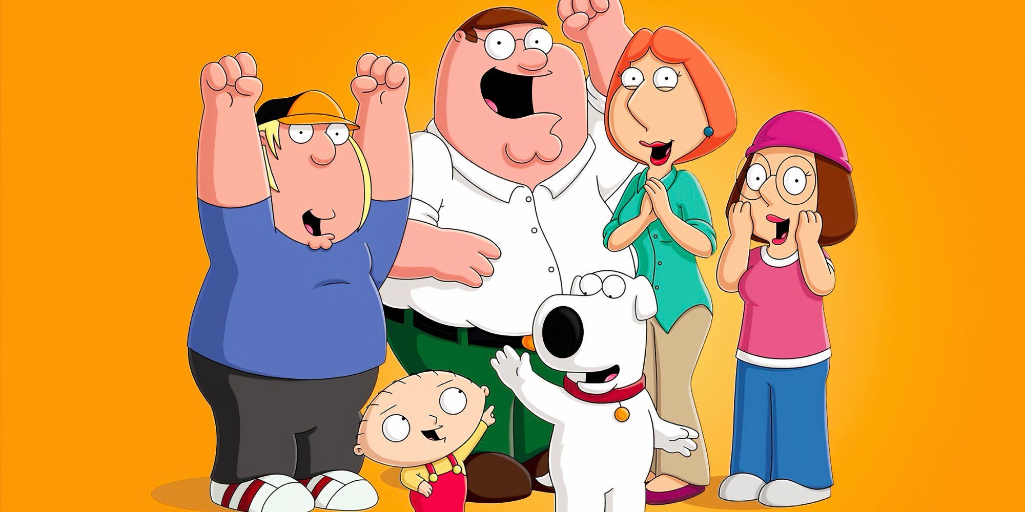 Personagens de Family Guy estão juntos torcendo em um fundo laranja