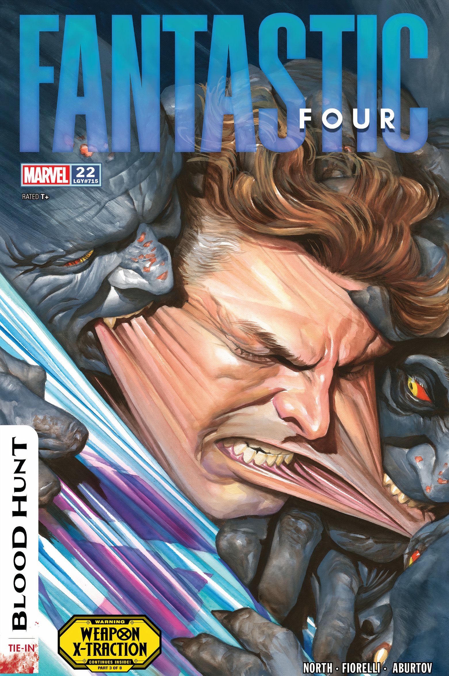 O rosto do Senhor Fantástico é esticado e mordido por vampiros na capa do Quarteto Fantástico #22. 