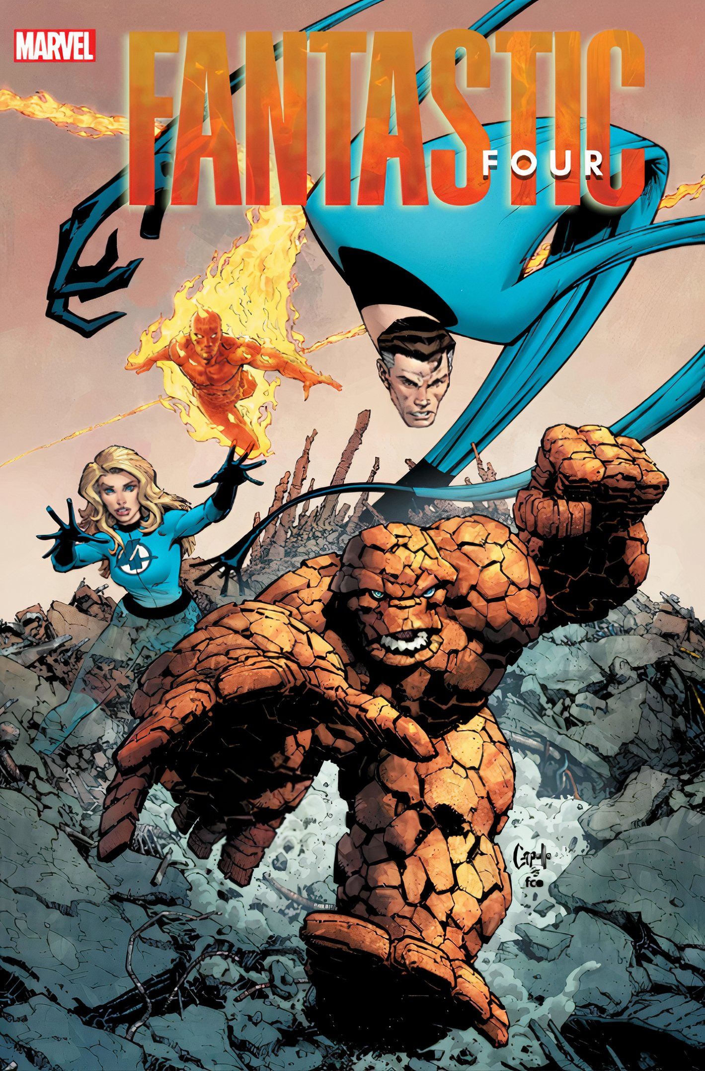 Fantastic Four #25, alternate cover, the team races through a rubble-strewn alien world in action