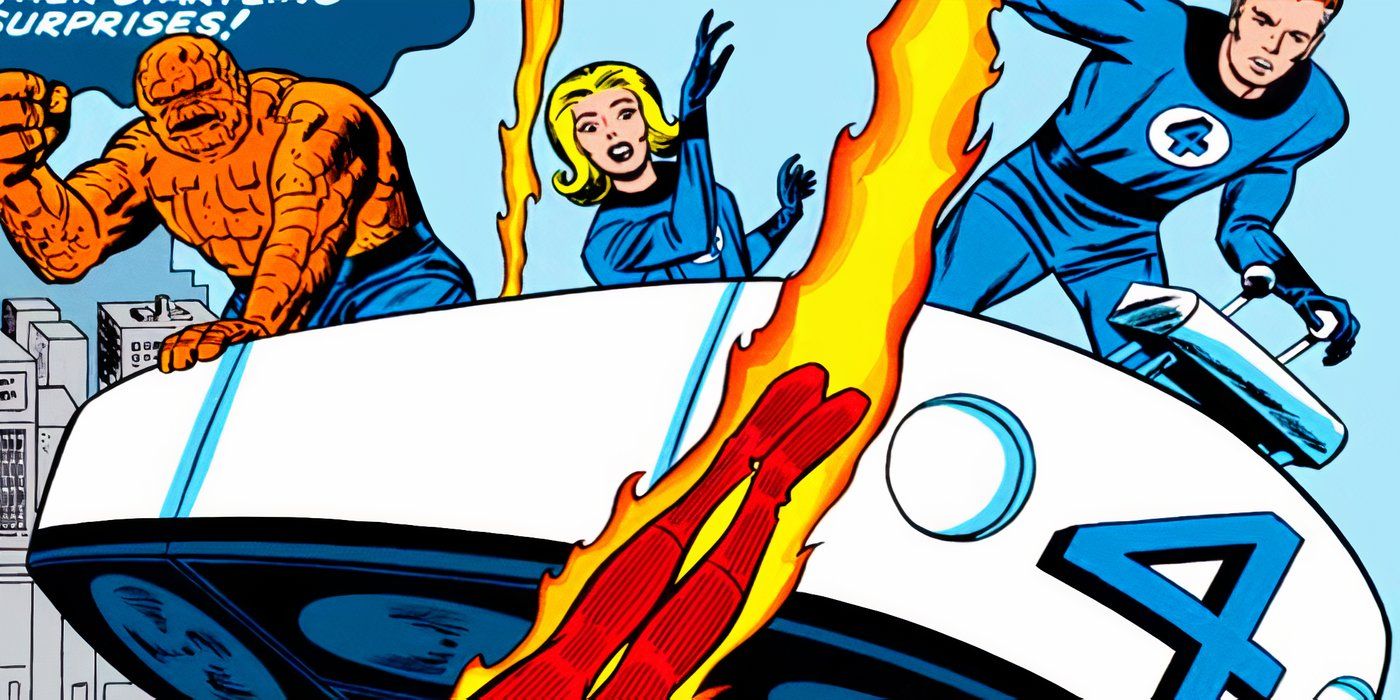 Fantastic Four in the classic Fantasticar in Marvel Comics