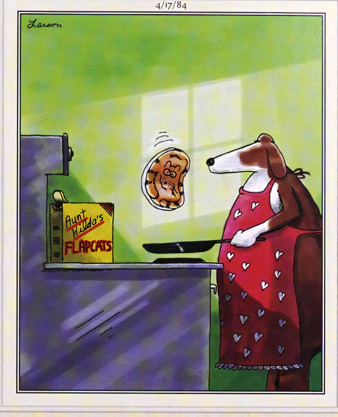 Far Side, April 17, 1984, dog standing at the stove cooking a 'flapcat'