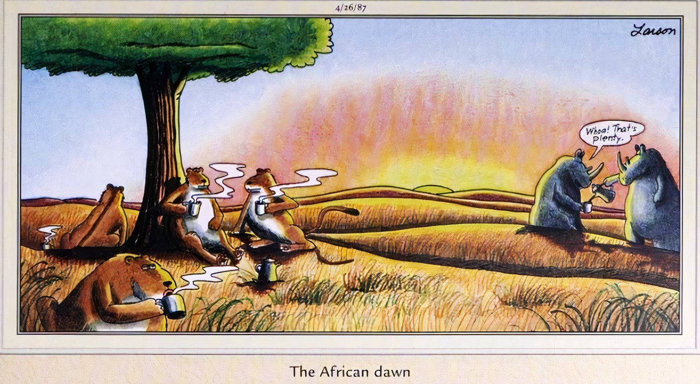 Far Side, April 26, 1987, wildlife on the African plain drink their morning coffee