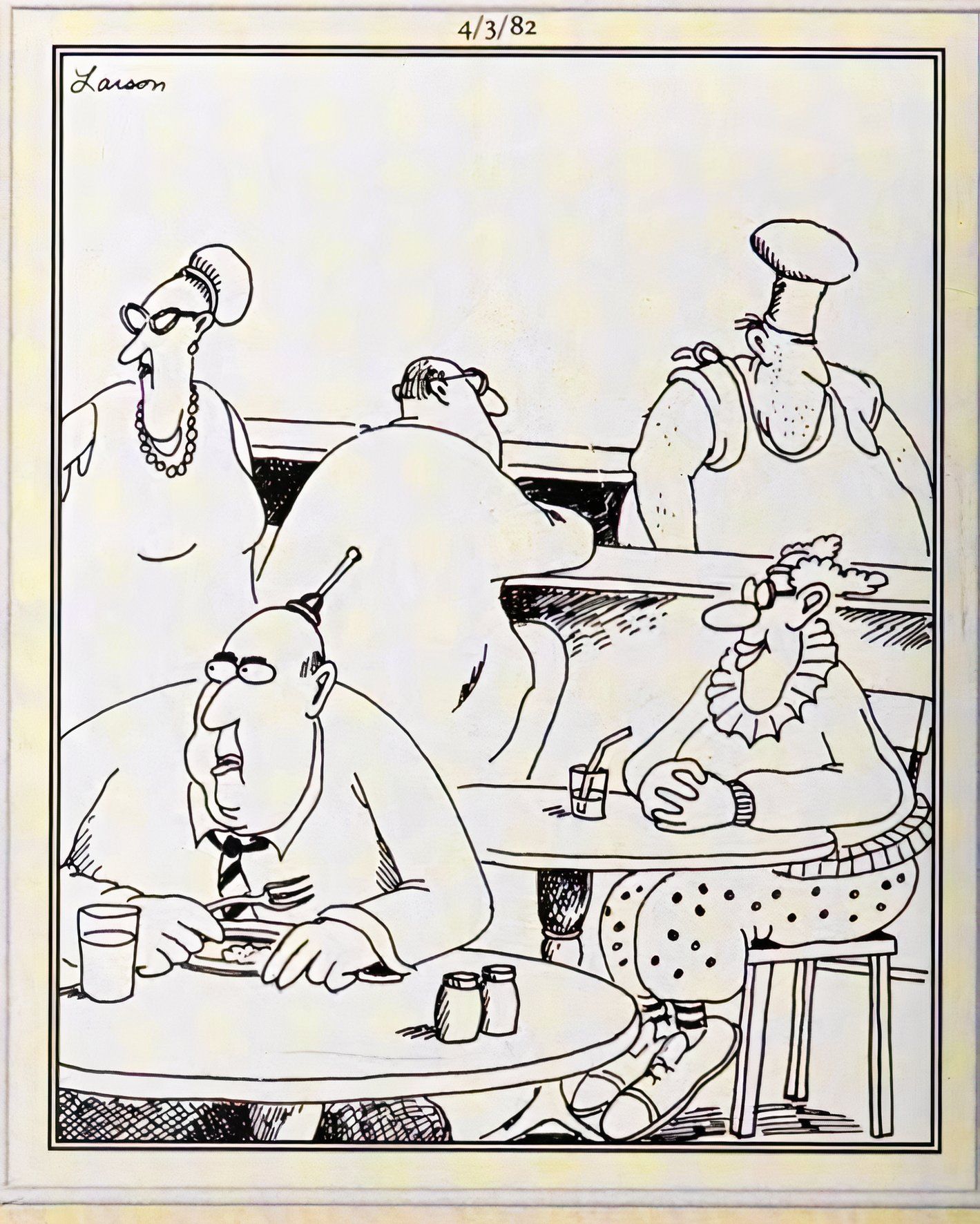 Far Side, April 3, 1982, clown sits in a restaurant looking innocent after sticking suction cup to another patron's head