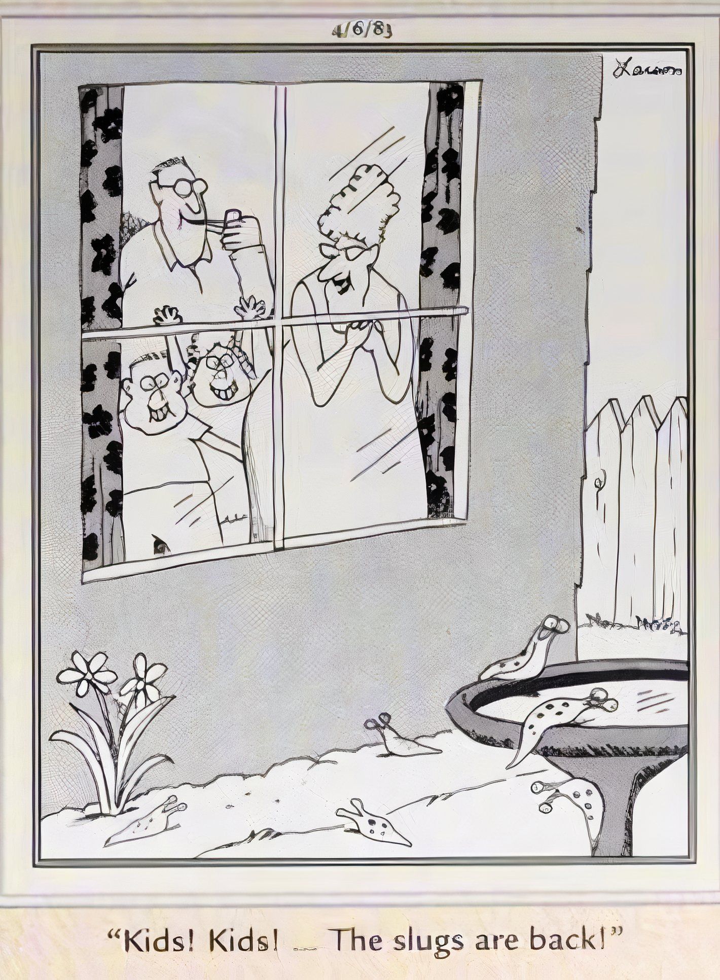 Far Side, April 6, 1983, family gathers at window in amazement to look at slugs