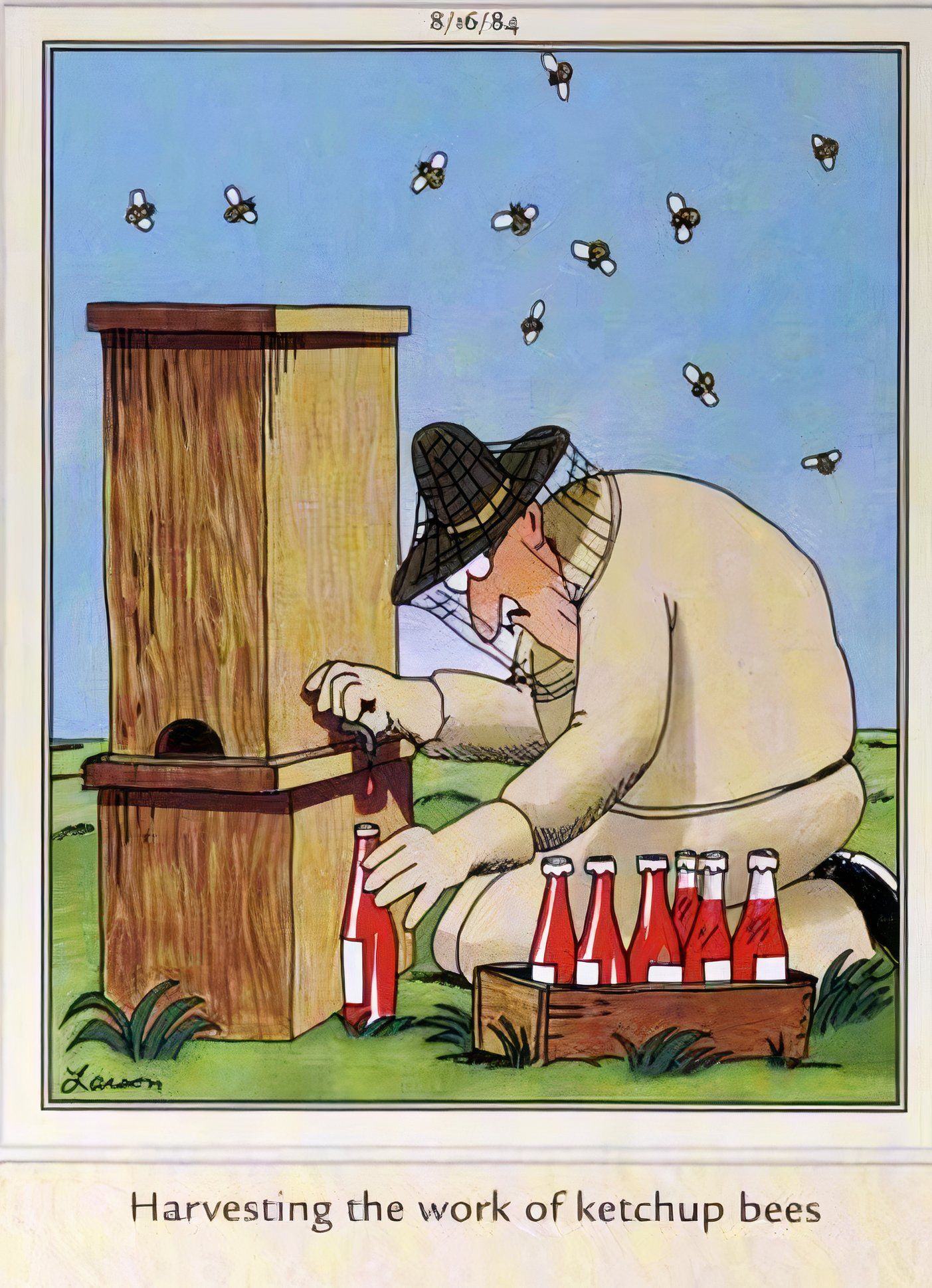 Far Side, August 16, 1984, a beekeeper 'harvesting the work of the ketchup bees'