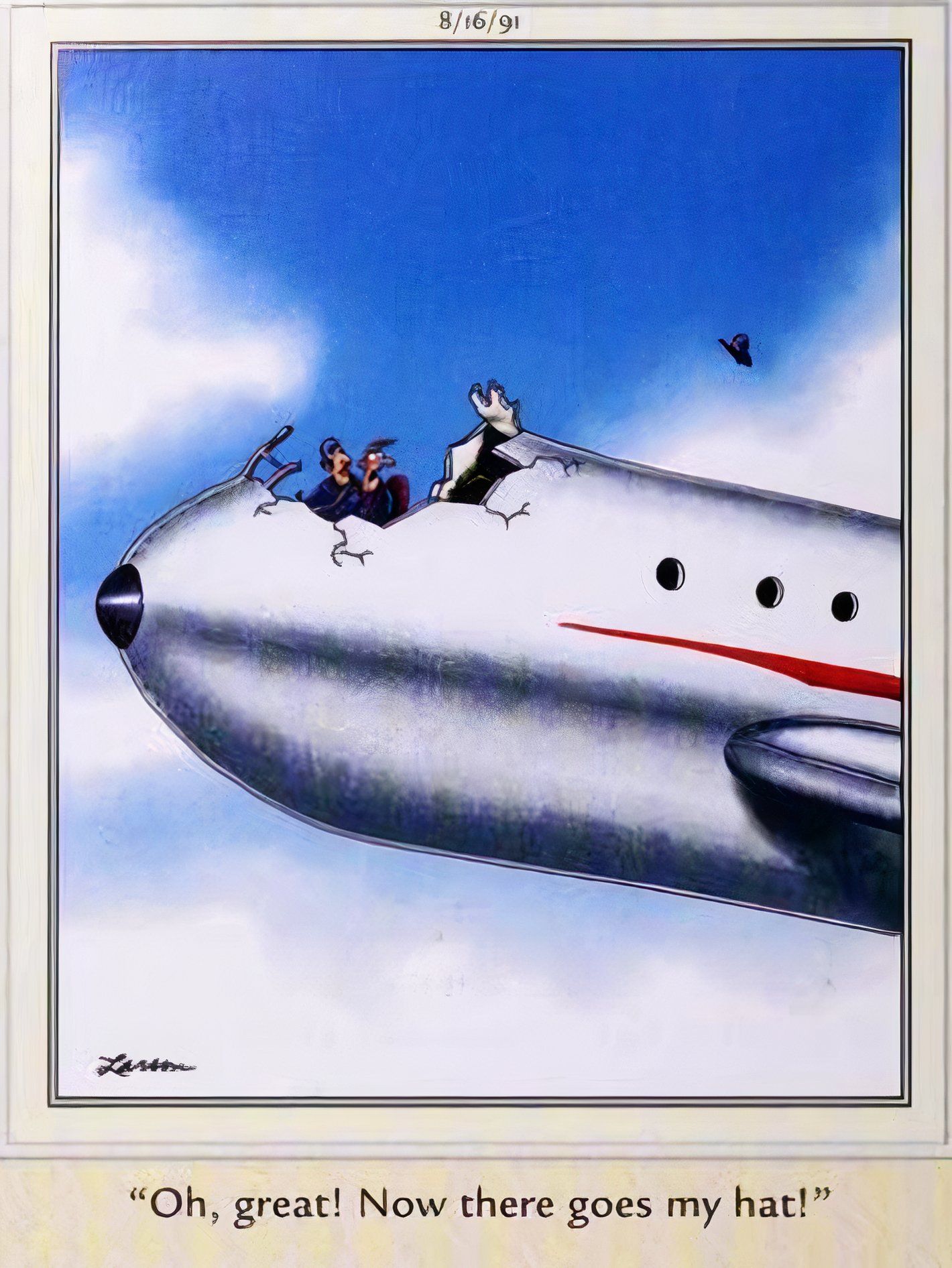 Far Side, 16 de agosto de 1991, a cabine de um avião está comprometida, mas o piloto só está preocupado em perder o chapéu