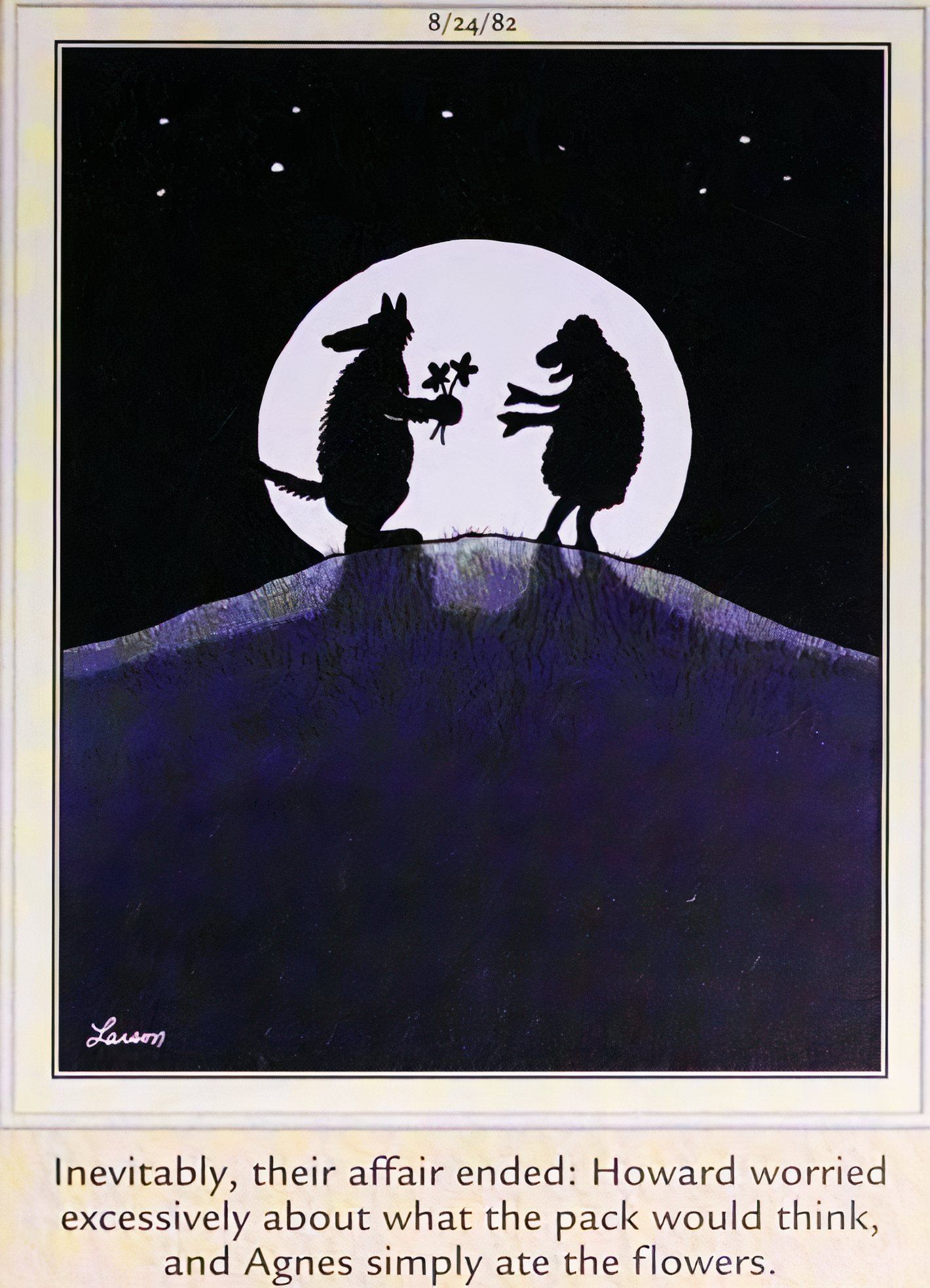 Far Side, August 24, 1982, wolf and sheep lovers meet illicitly at night