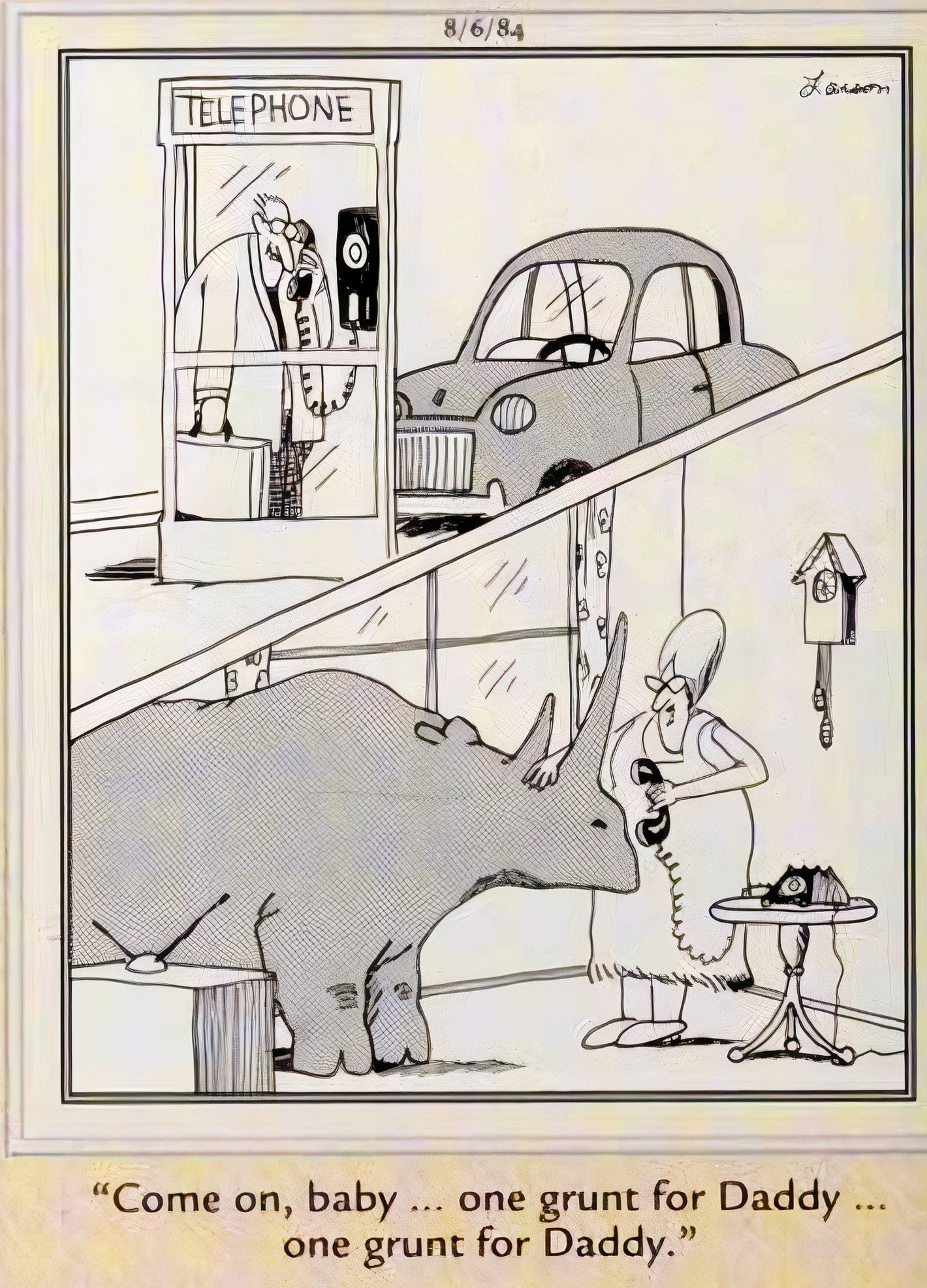 Far Side, 6 de agosto de 1984, imagem dividida de um homem em uma cabine telefônica enquanto a esposa segura o telefone para seu rinoceronte de estimação