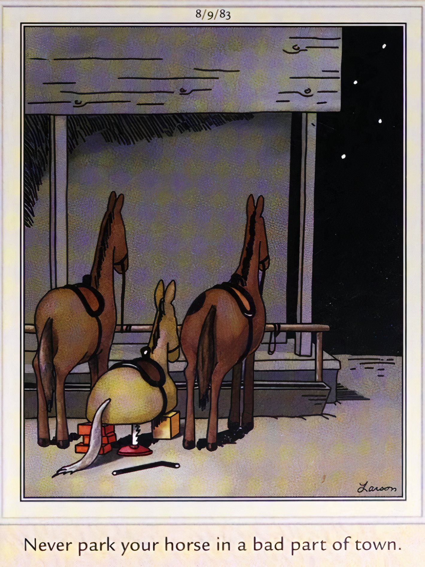 Far Side, August 9, 1983, the legs have been stolen off a horse in the 'bad part of town'