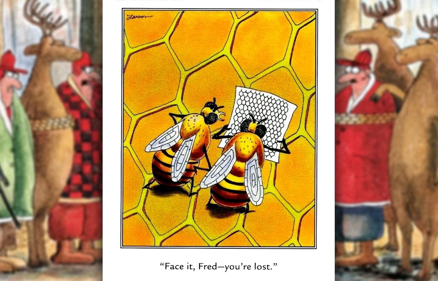 far side comic in which bees are lost with map of hive