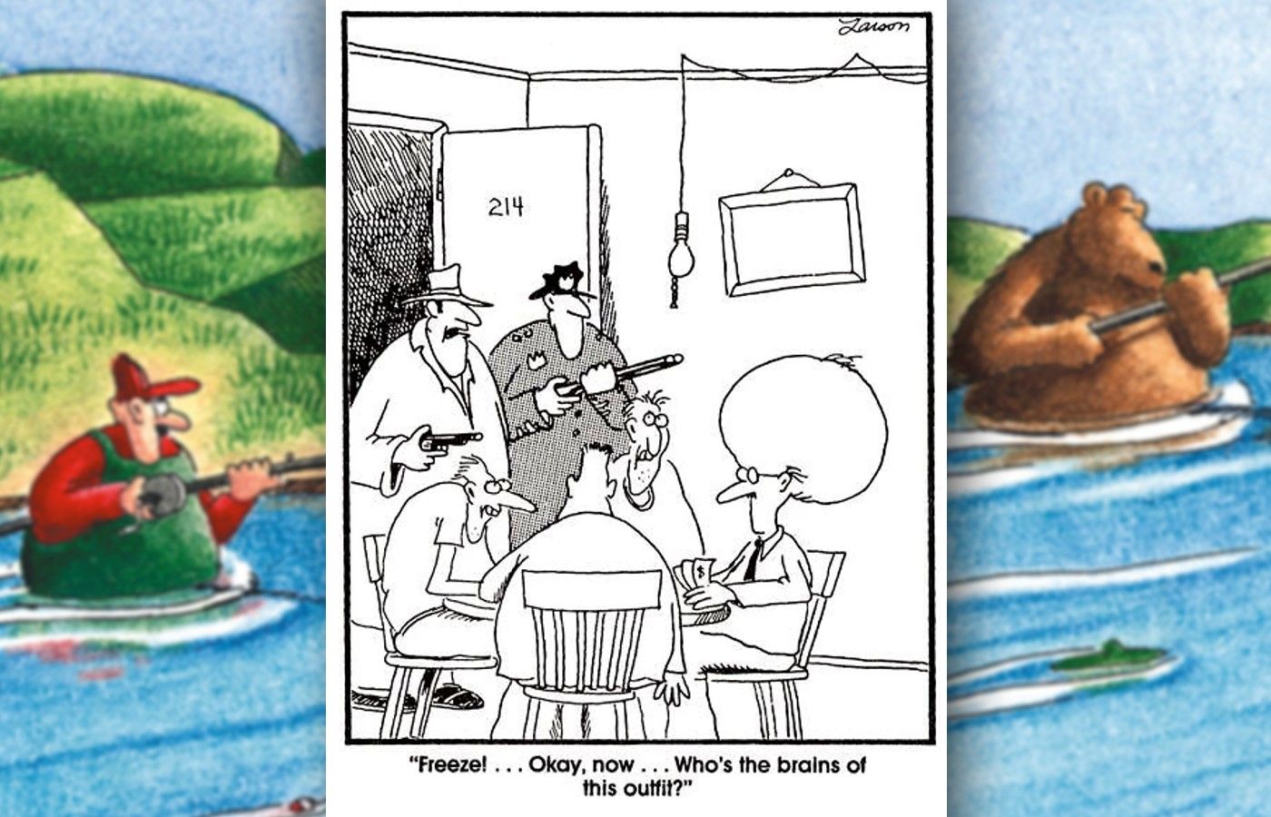 far side comic playing on the idiom ' brains of the outfit'