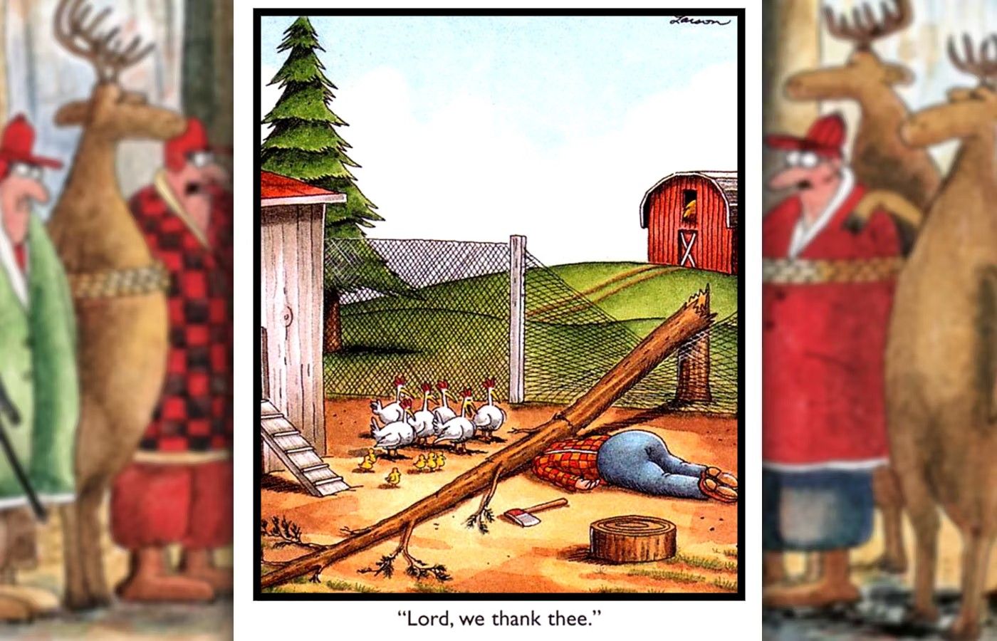far side comic where chickens escape the farmer