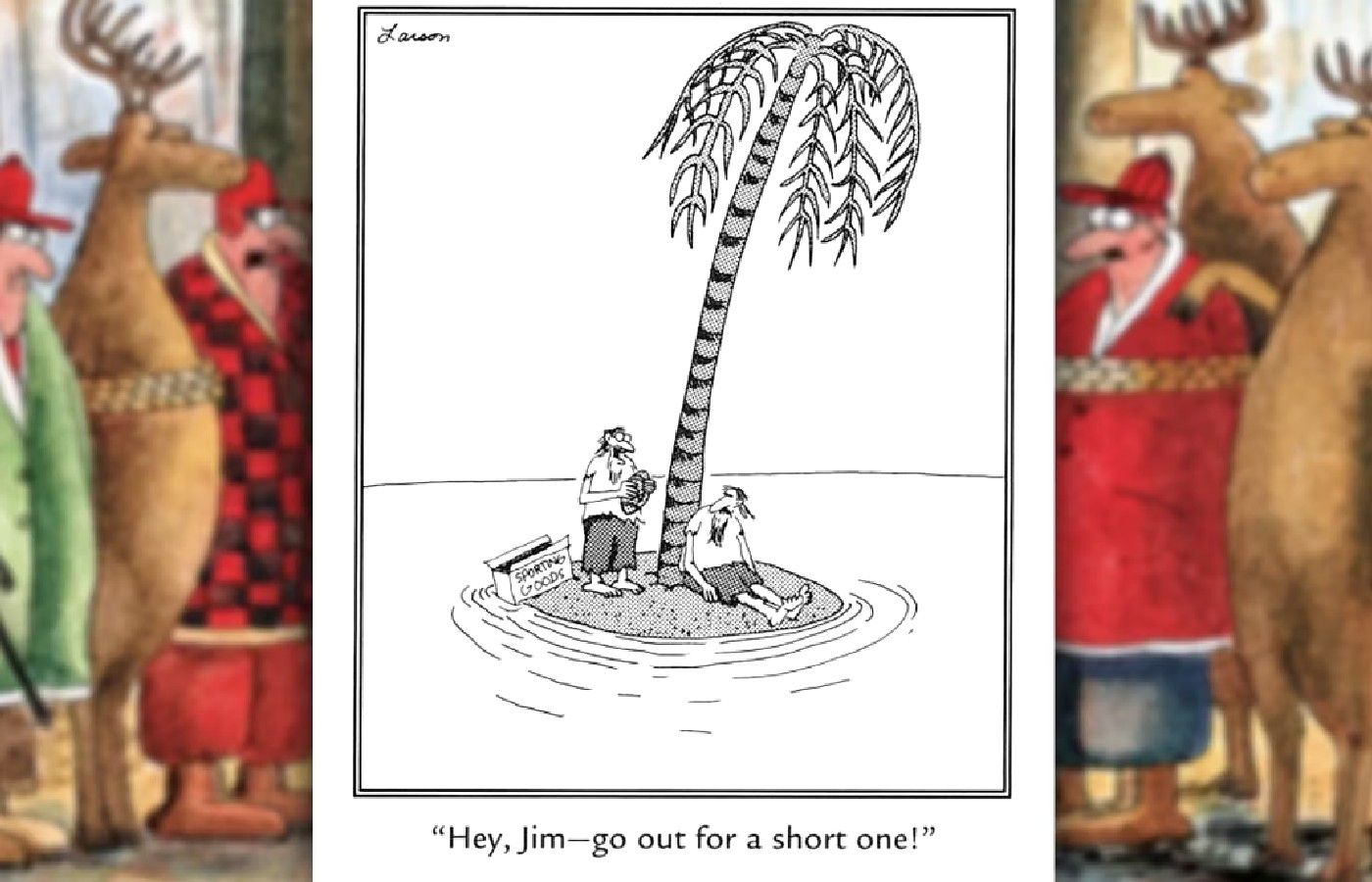 far side comic where two people play football on a tiny desert island