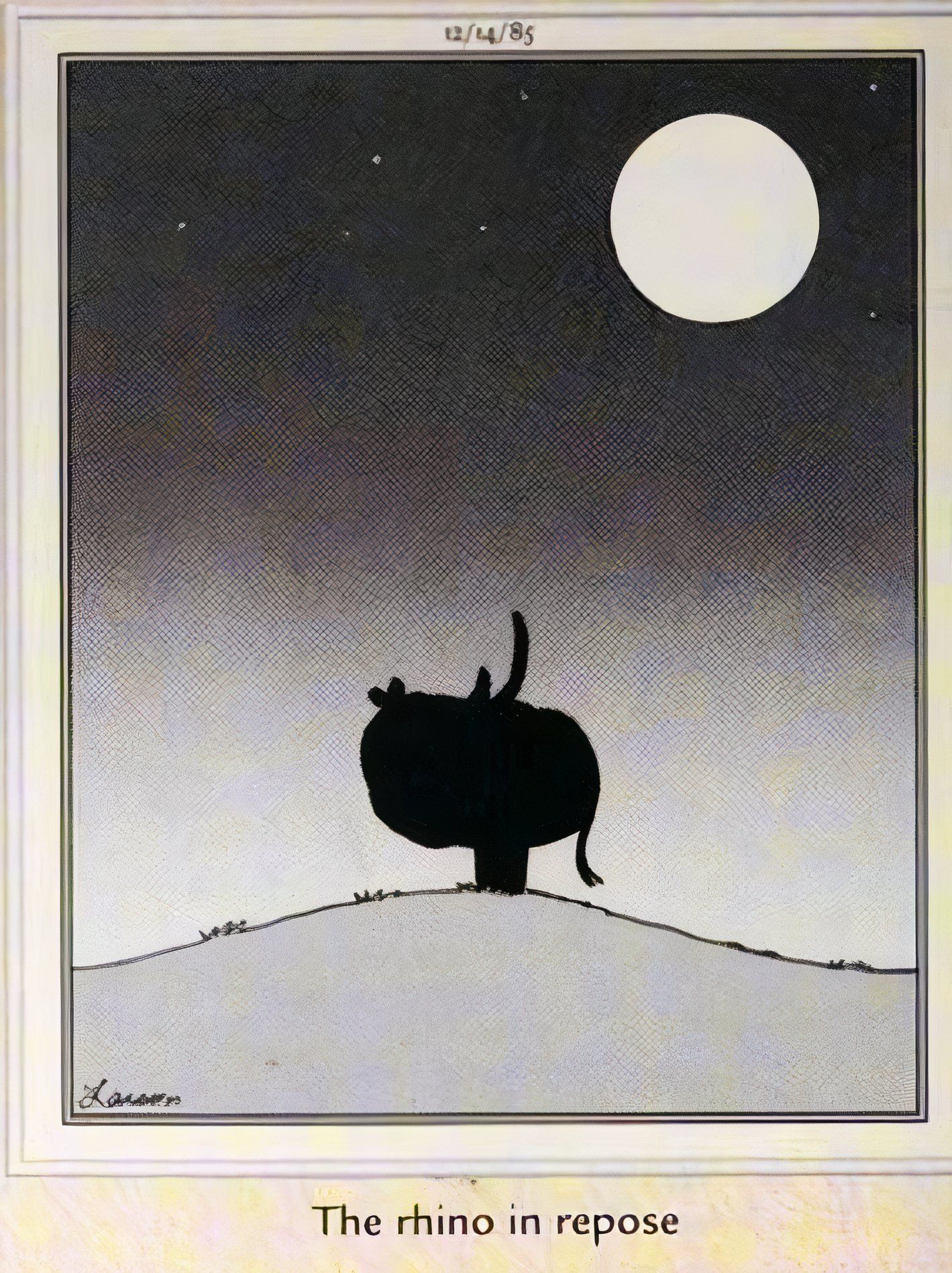 Far Side, December 14, 1985, silhouette of a rhino at night