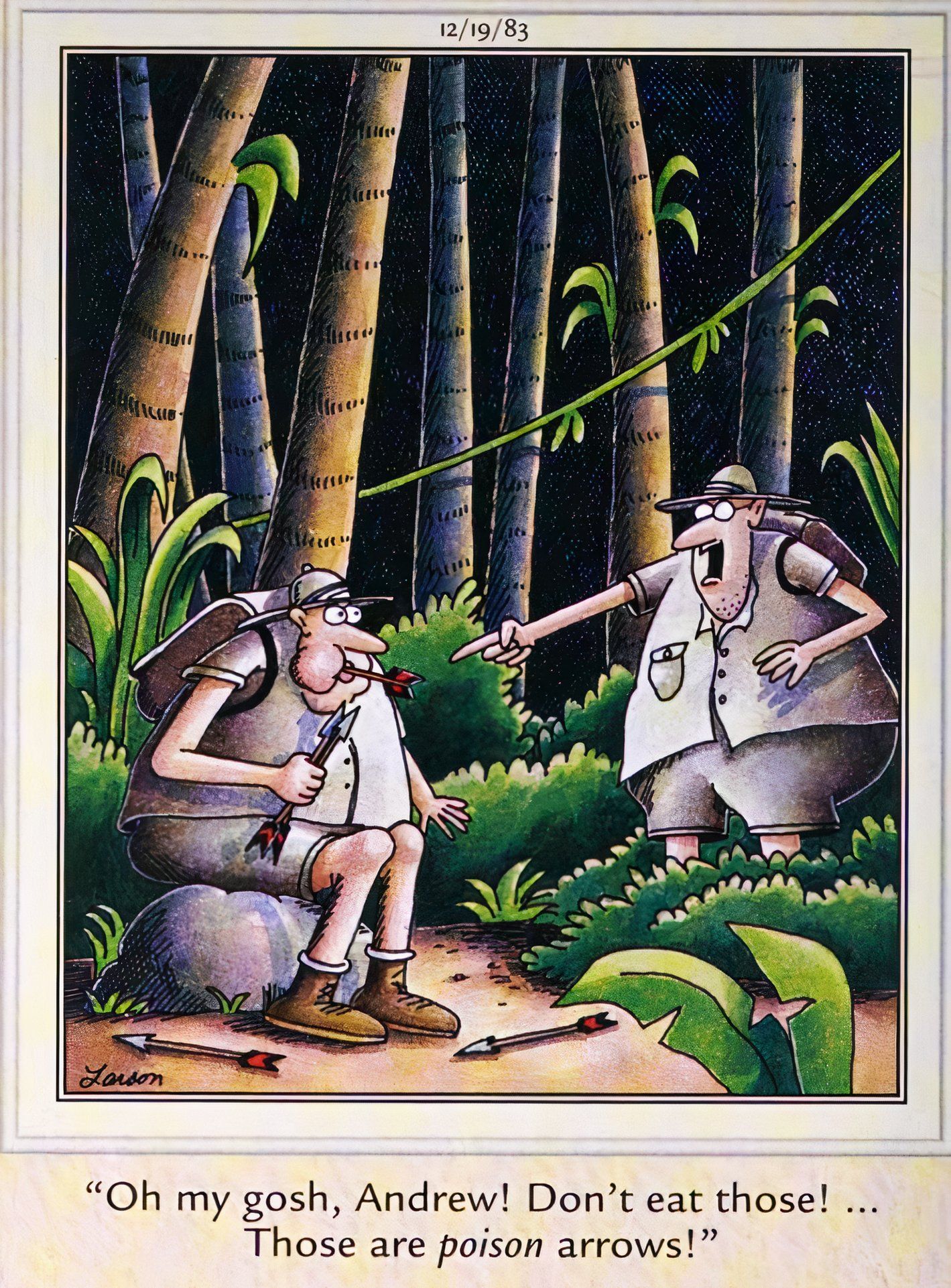 Far Side, December 19, 1983, a man in the jungle accidentally eats a poison arrow