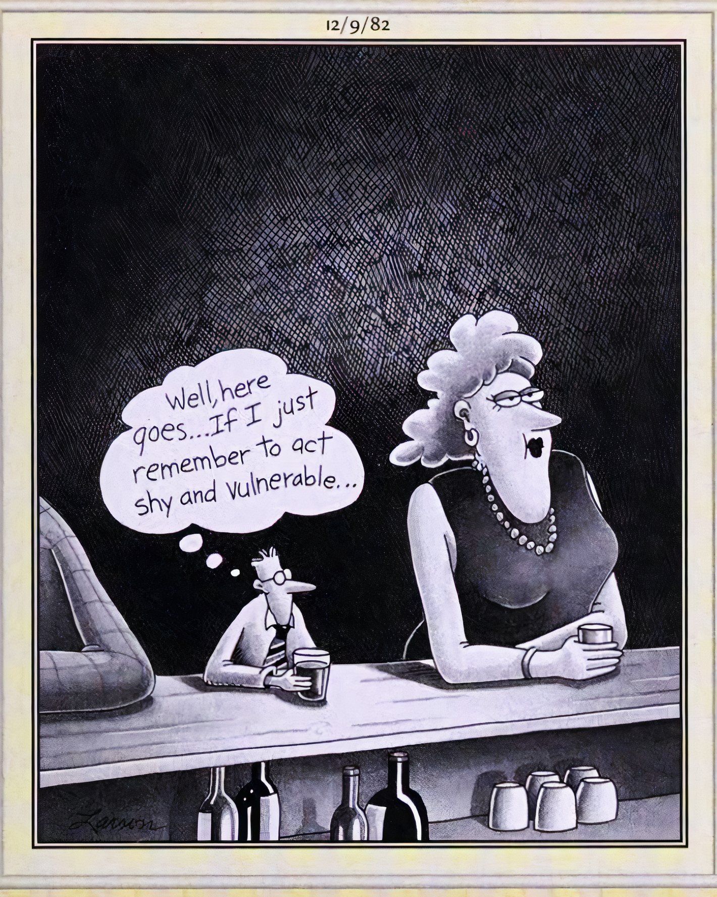 Far Side, December 9, 1982, small man at a bar works up the nerve to flirt with a normal sized woman