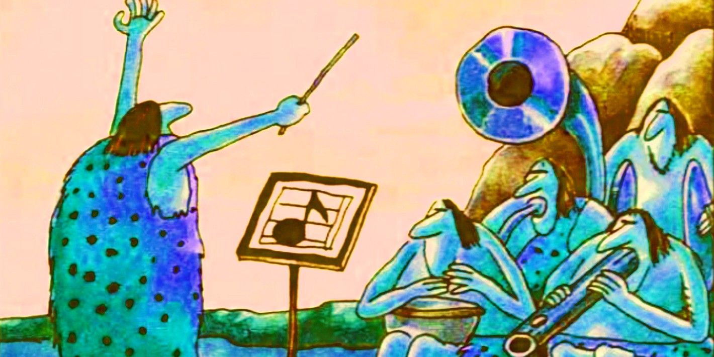 Far Side, featured image, prehistoric conductor with a single note on his music sheet, in front of an orchestra of cavemen.