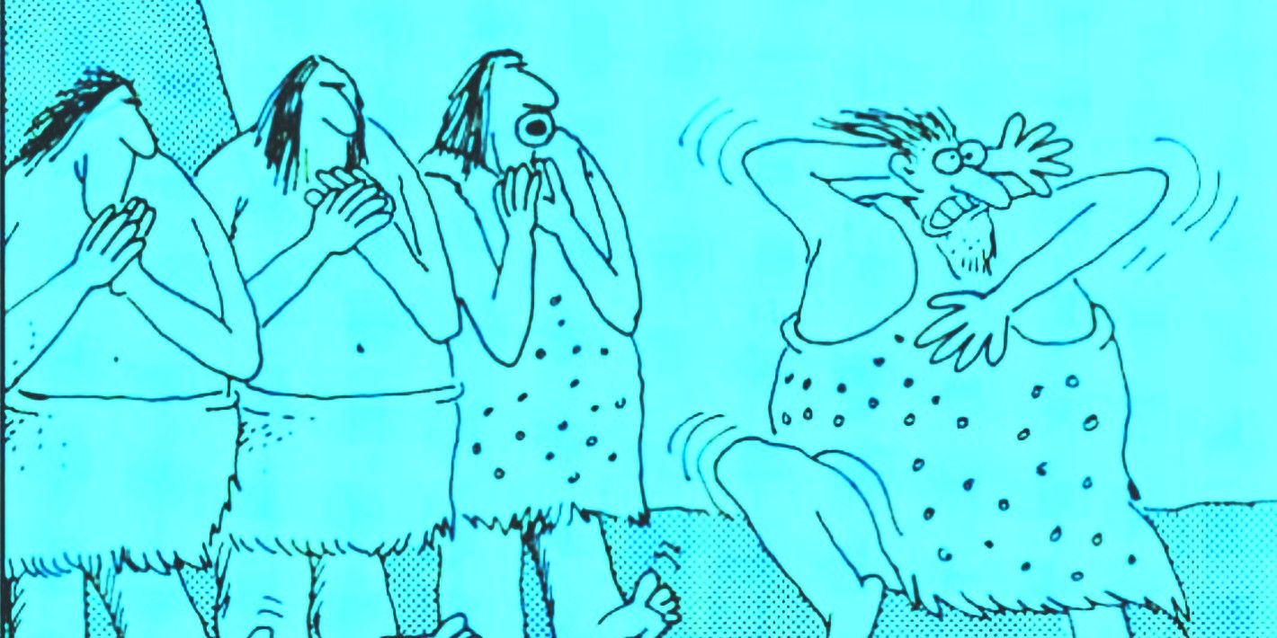 Far Side – Featured Image: Prehistoric man dances as others cheer him on.