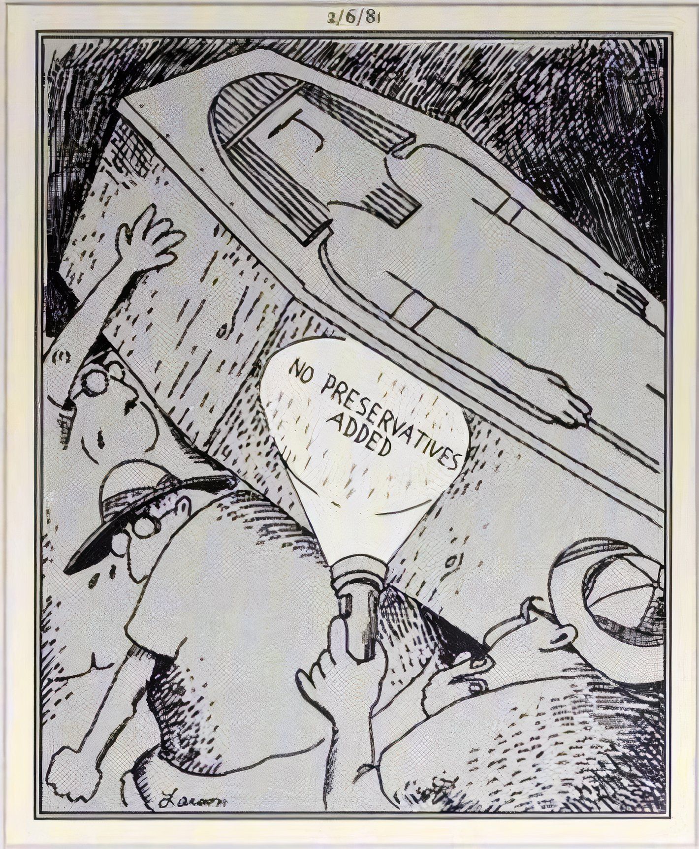 Far Side, February 6, 1981, Egyptologist shines flashlight on side of casket, which says No Preservatives Added